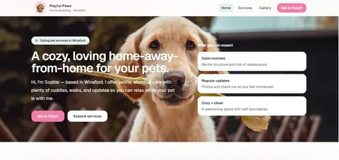 Screenshot of the Playful Paws Home Boarding homepage